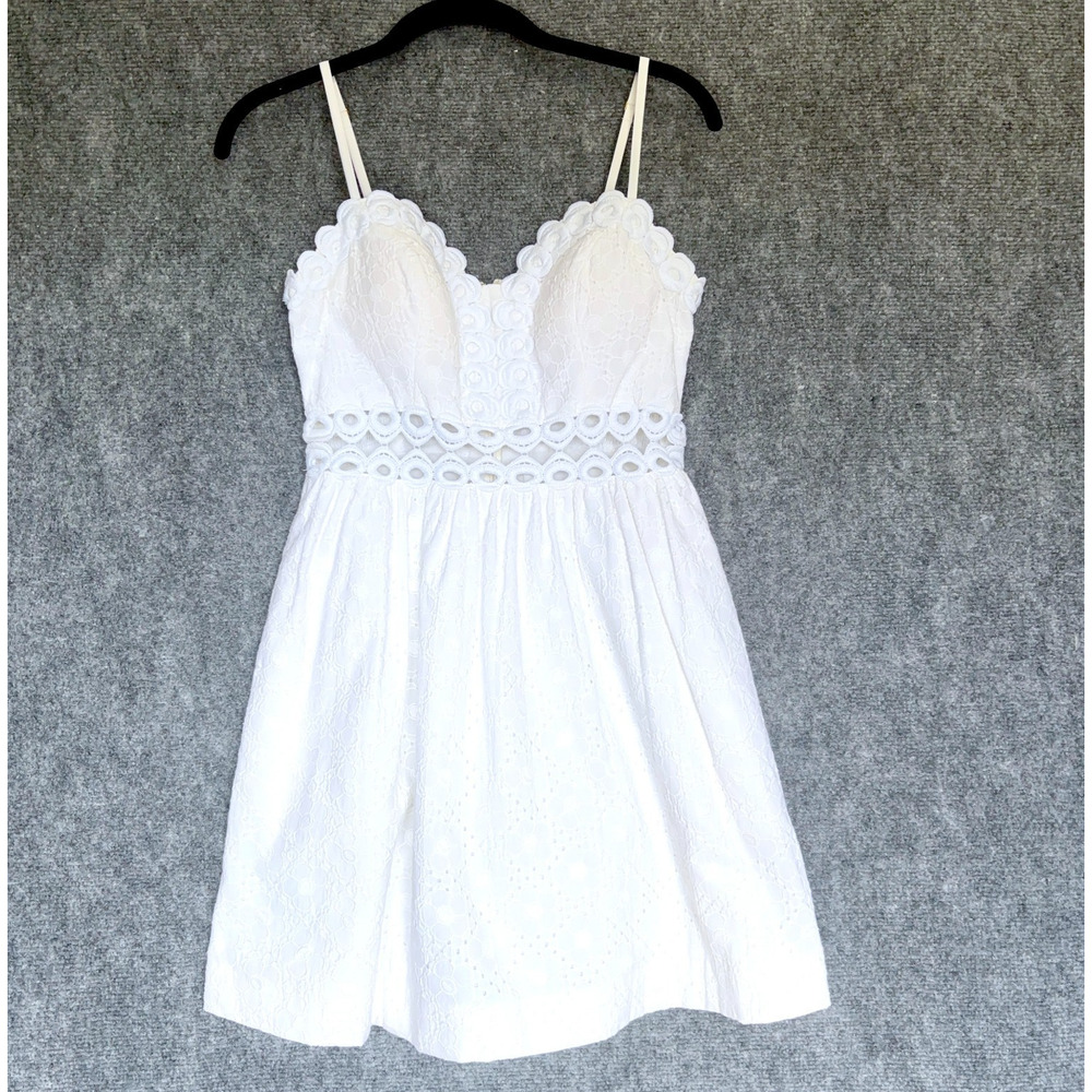 Lilly Pulitzer White Eyelet Lace Fit Flare Dress Spaghetti Strap Side Smocking